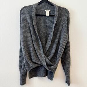 Max Studio Ribbed Drape Front Faux Wrap Sweater – Gray – Small